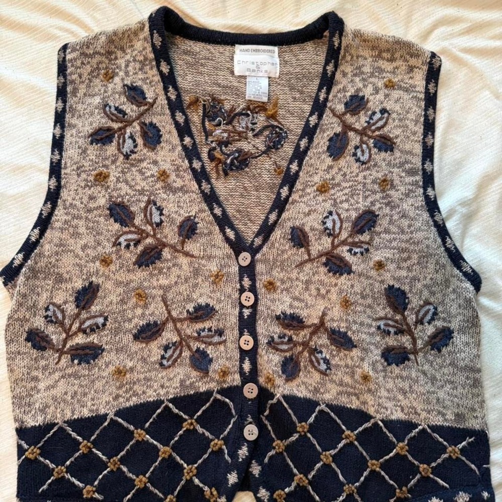 Christopher & Banks Beige and Navy Embroidered Knit Vest